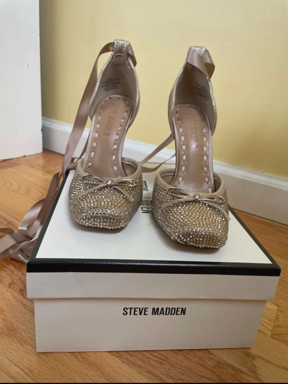 Steve Madden Rhinestone Champagne Heels with Ankle Ribbons